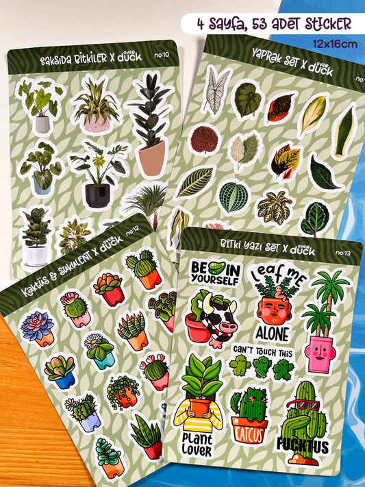 4’lü Bitki Sticker Seti – 53 Adet Kaktüs, Sukulent, Yaprak & Saksı Bitkisi Sticker Bullet Journal & Scrapbook