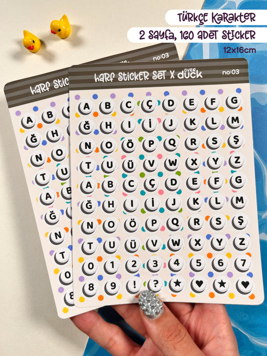 Boncuk Harf Sticker Seti – 2 Sayfa 160 Adet Bullet Journal & Scrapbook Türkçe Karakter Alfabe Etiket