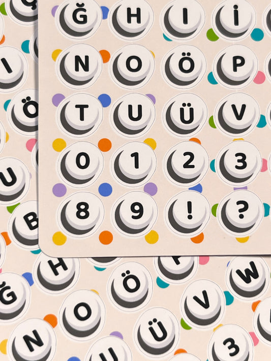 Boncuk Harf Sticker Seti – 2 Sayfa 160 Adet Bullet Journal & Scrapbook Türkçe Karakter Alfabe Etiket