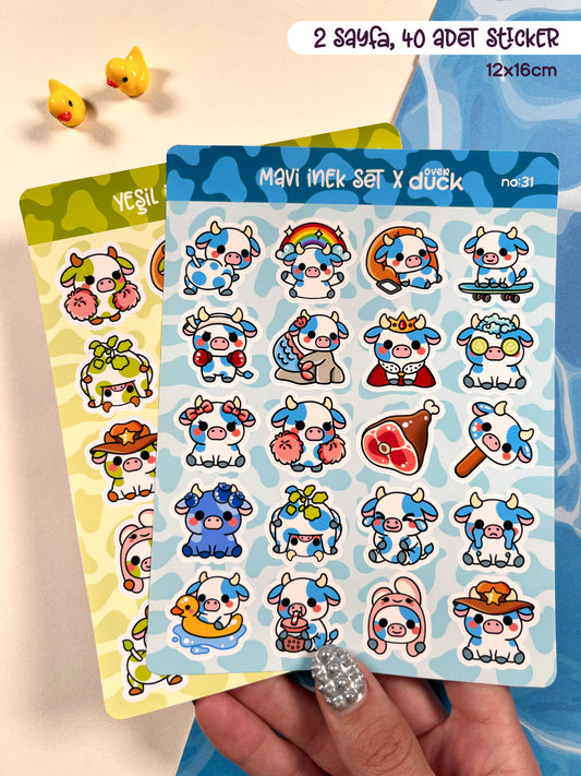 2’li İnek Sticker Seti – 40 Adet Mavi ve Yeşil İnek Sticker Bullet Journal & Scrapbook