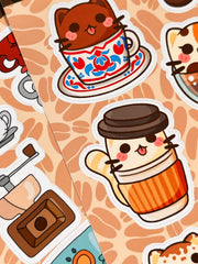 Kedi Kahve Sticker Seti – 10 Adet Bullet Journal & Scrapbook Dekoratif Kedi Kahve Etiket